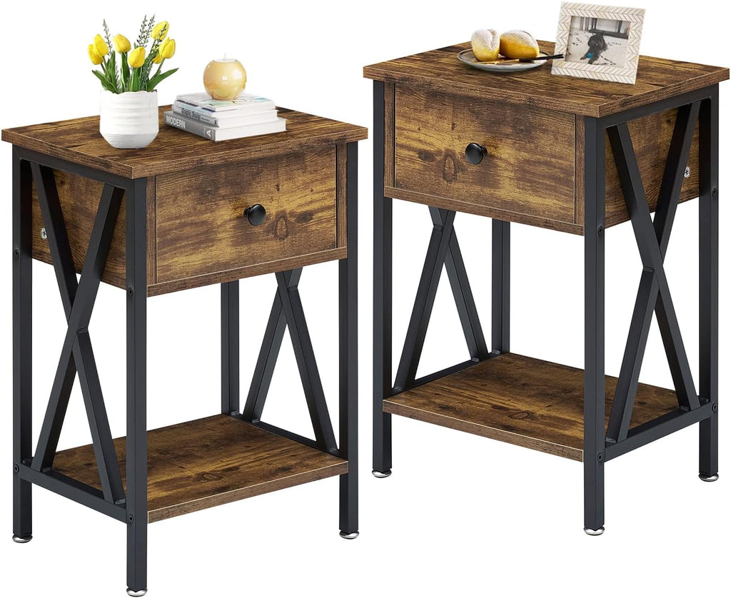 Antique Black Set of 2 End Side Table with Storage Cabinet B747
