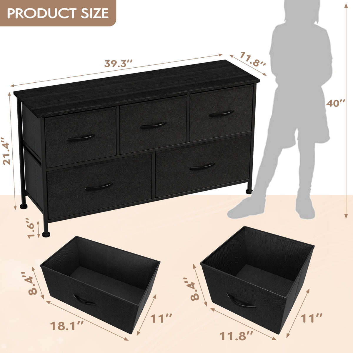 5 Drawer Fabric Dresser with Wood Top C800426