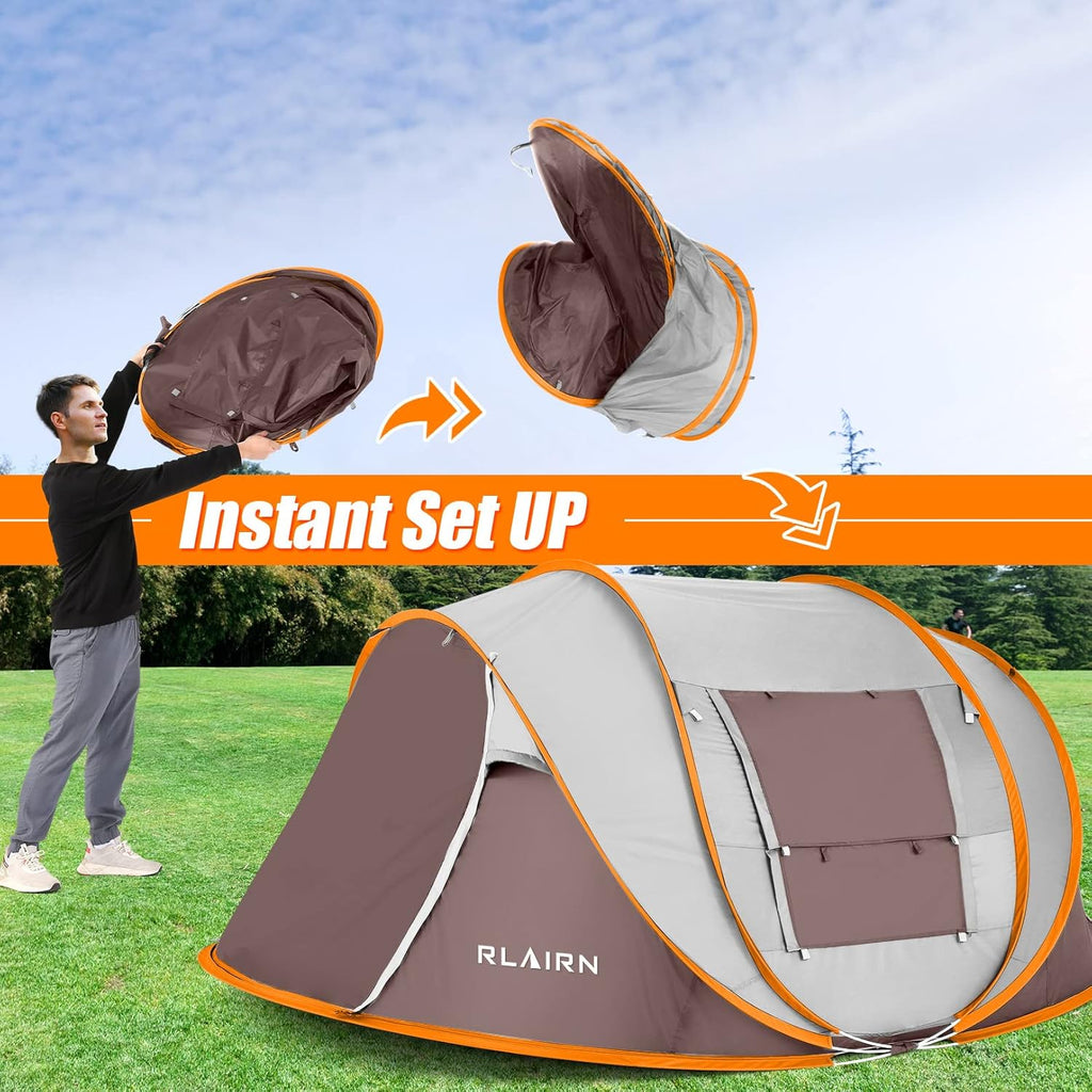 4 Person Pop Up Tent with 2 Mesh Windows & Doors Waterproof Brown H458