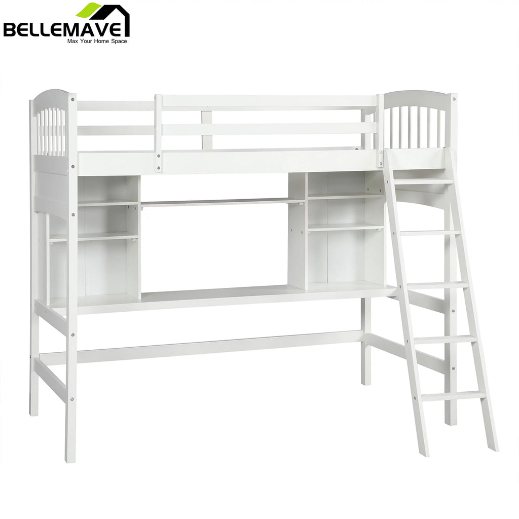Twin Size High Loft Bed with Storage Shelves, Desk and Ladder Solid Wood Bed Frame with Safety Guardrails White P198