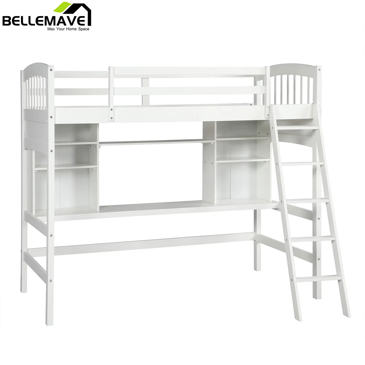 Twin Size High Loft Bed with Storage Shelves, Desk and Ladder Solid Wood Bed Frame with Safety Guardrails White P198