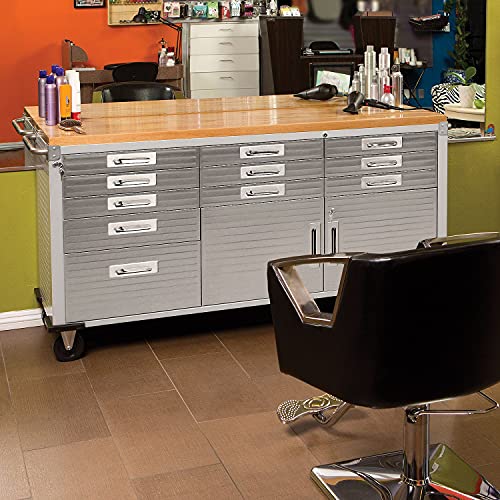 Heavy Duty Rolling Cabinet Workbench with Solid Wood Top, 77" W x 20" D x 37.5" H, Granite, 12-Drawer A625991