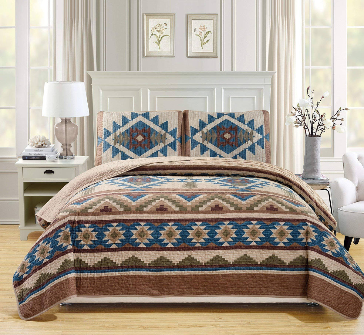 Oversize King California 3 Piece Multicolor Beige Taupe Brown Blue Green X402