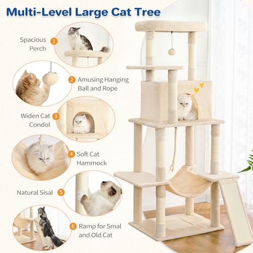 63in Multi-Level Cat Tree Tower with Sisal Scratching Posts, Condo, Hammock, Dangling Ball and Extended Platform, Dark Grey K3199
