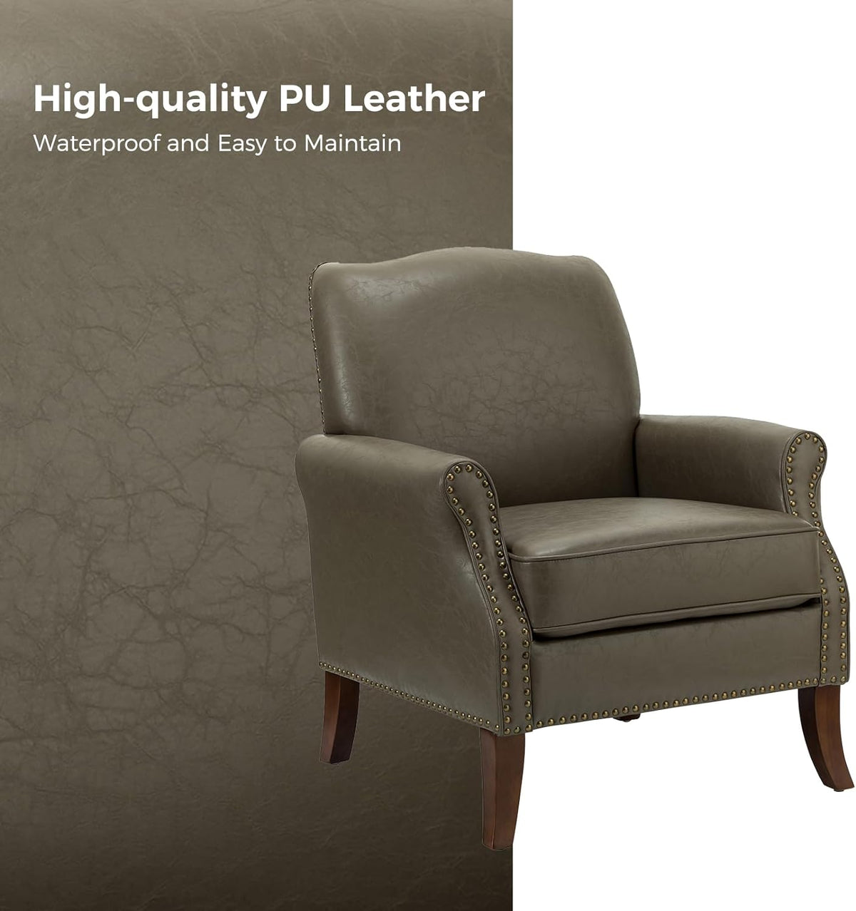 Grey Faux Leather Accent Armchair Set Of 2 with Solid Wood Legs K400928