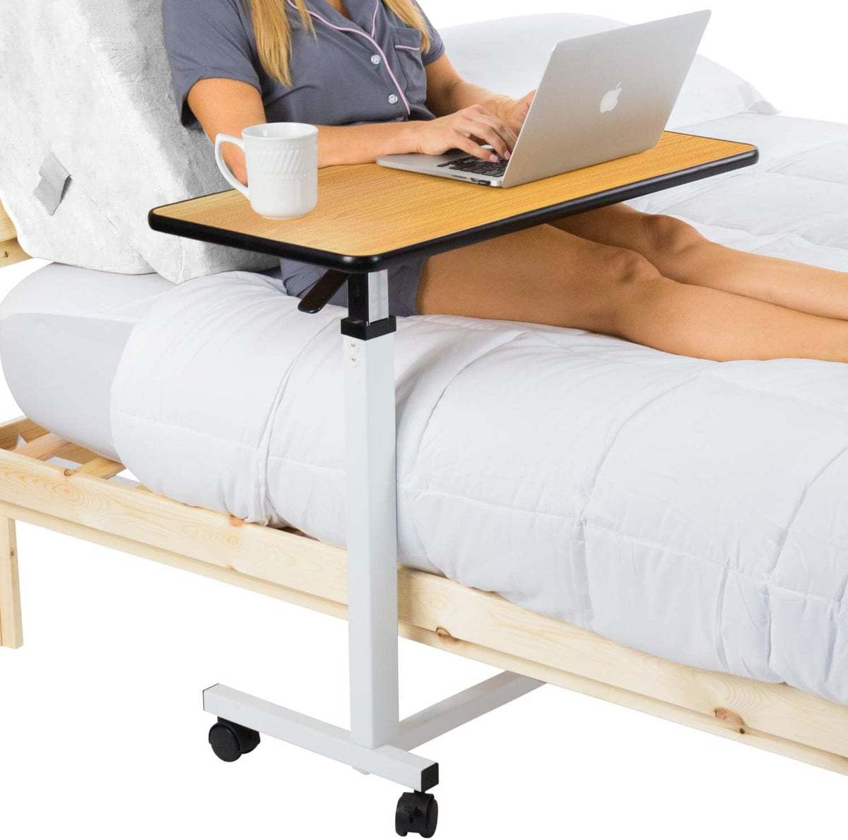 Overbed Table with Swivel Wheel Rolling Tray Adjustable Over Bedside Home Desk A680
