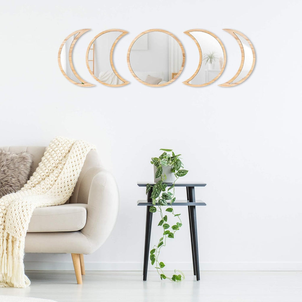 Scandinavian Moon Phase Mirror Set Glass Wood Frame L7774
