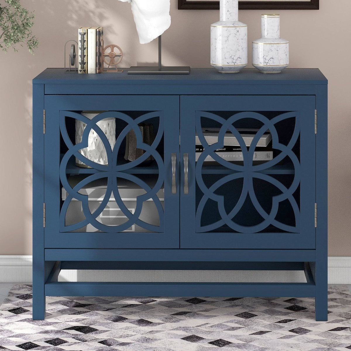 Navy Wood Accent Buffet Sideboard Storage Cabinet with Doors & Shelf J904838