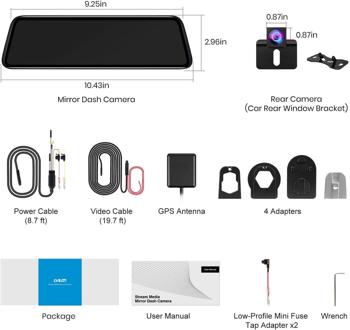 Rear View Mirror Camera with 9.35'' Touch Screen, Dual 1080P Night Vision W6771