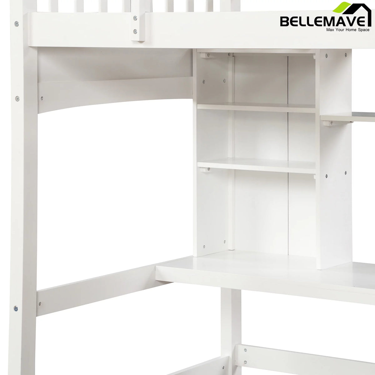 Twin Size High Loft Bed with Storage Shelves, Desk and Ladder Solid Wood Bed Frame with Safety Guardrails White P198