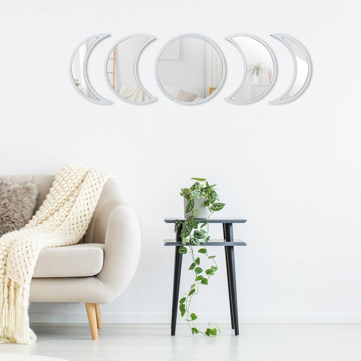 Scandinavian Moon Phase Mirror Set Glass Wood Frame L7774