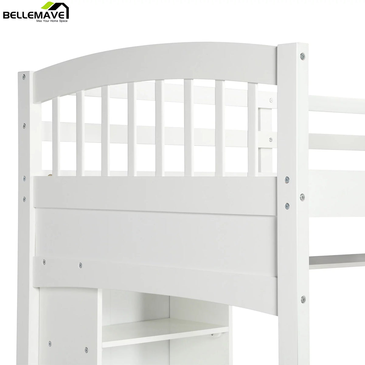 Twin Size High Loft Bed with Storage Shelves, Desk and Ladder Solid Wood Bed Frame with Safety Guardrails White P198