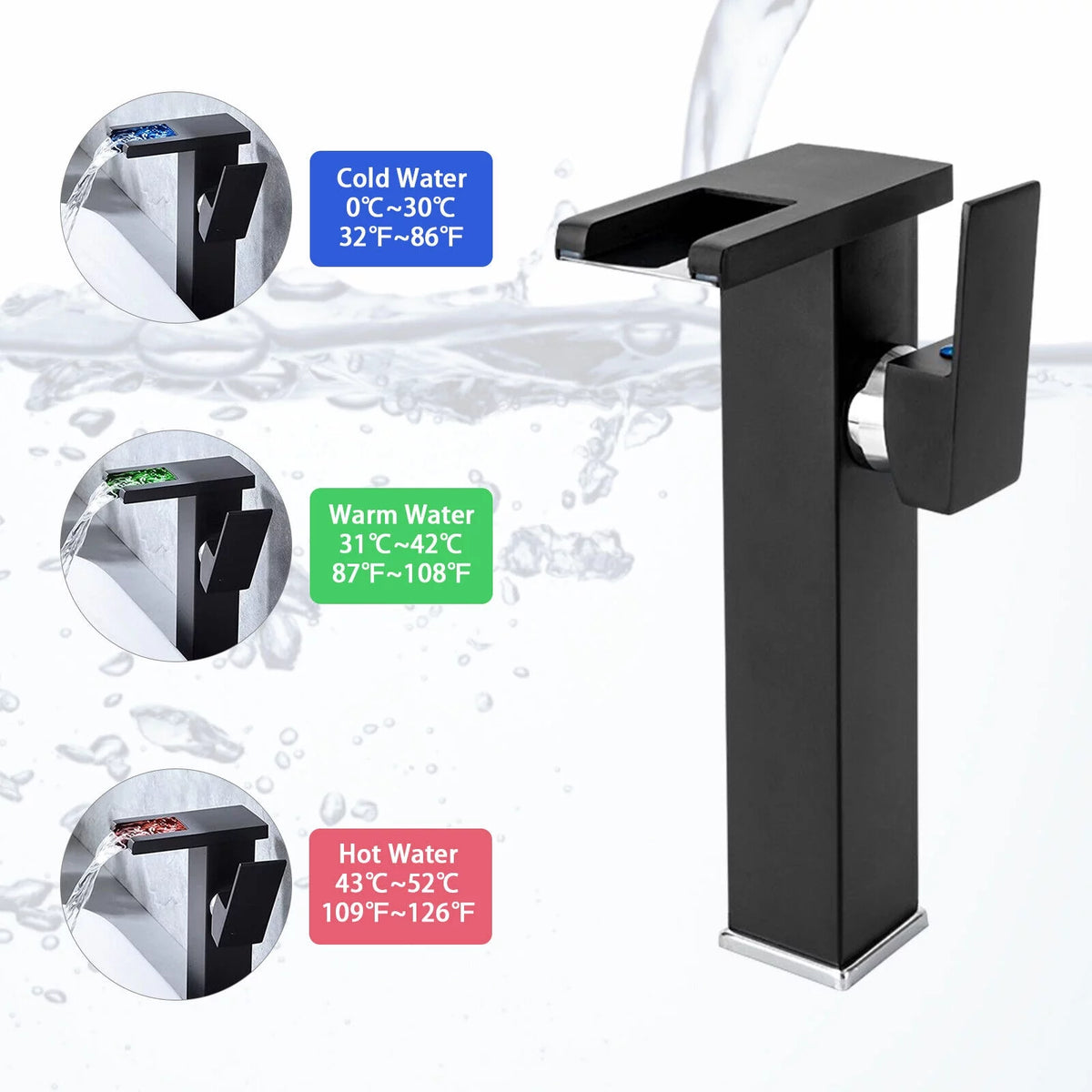 Waterfall Single-Handle Vessel Sink Faucet with LED Light T18613