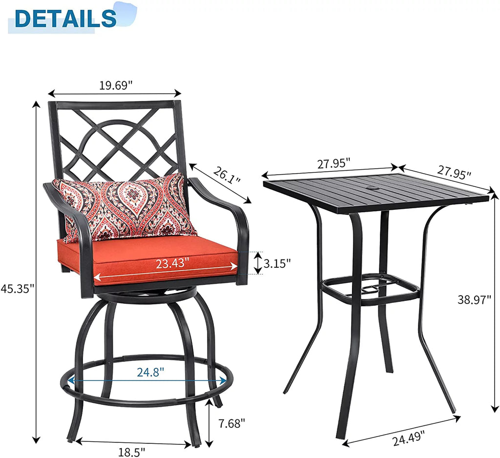 3 Pieces Outdoor Bar Set Metal Swivel Chairs and Steel Slat Square Table O516734