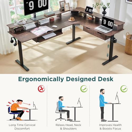 60 Inches L Shaped Electric Standing Desk with Drawers Y65166