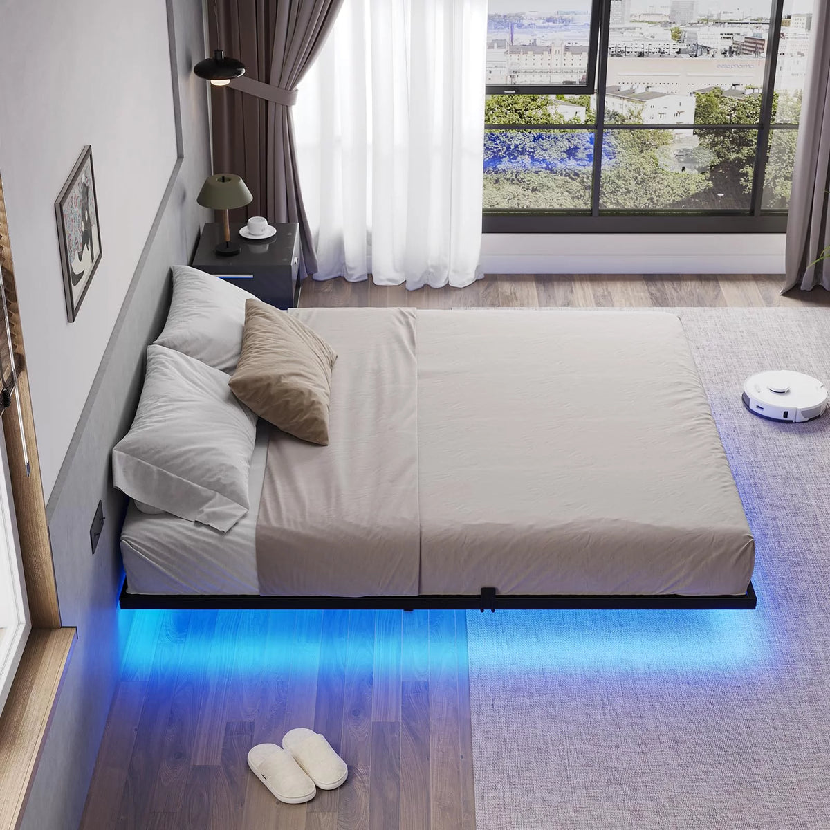 King Size LED Lights Linen Fabric Platform Bed H386299