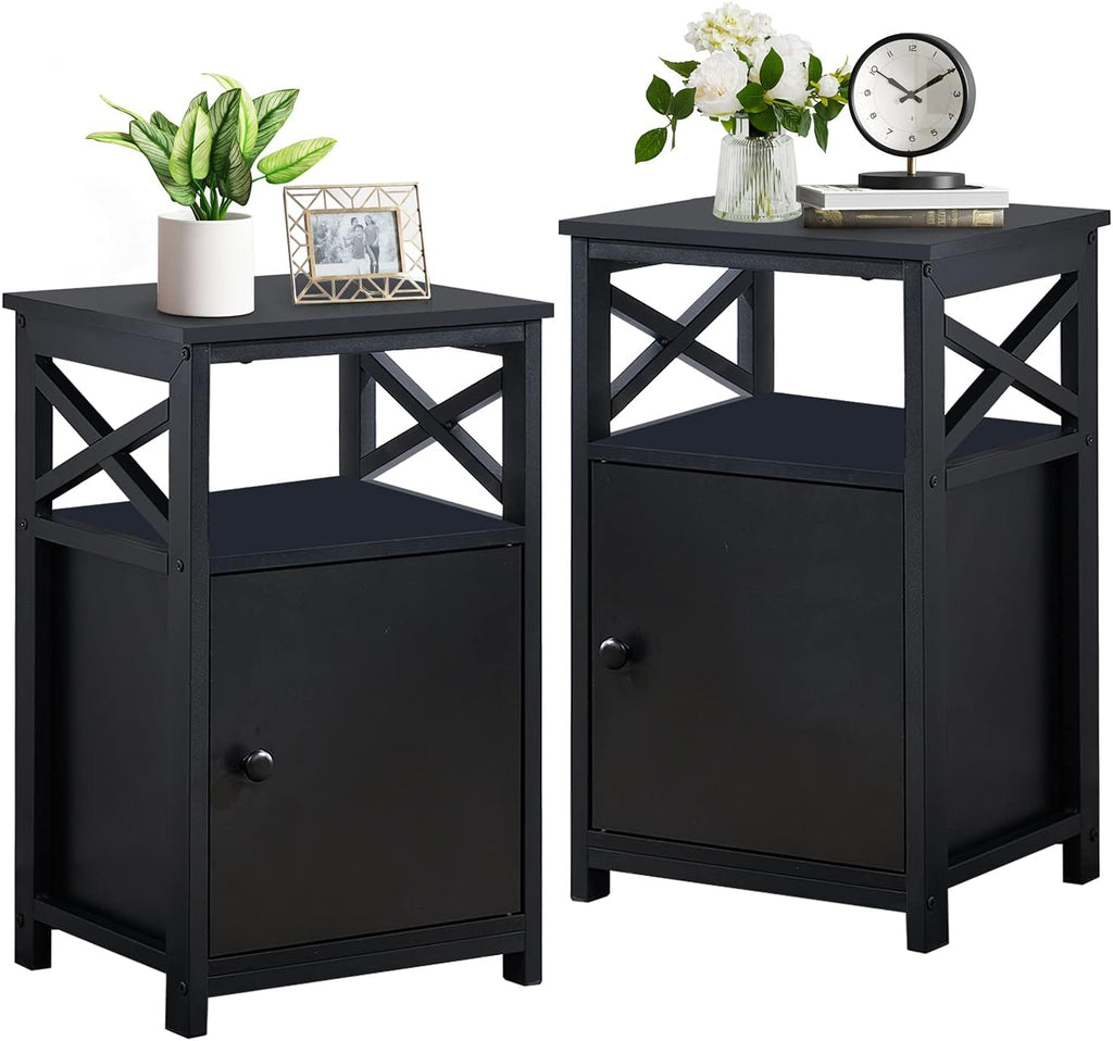 Antique Black Set of 2 End Side Table with Storage Cabinet B747