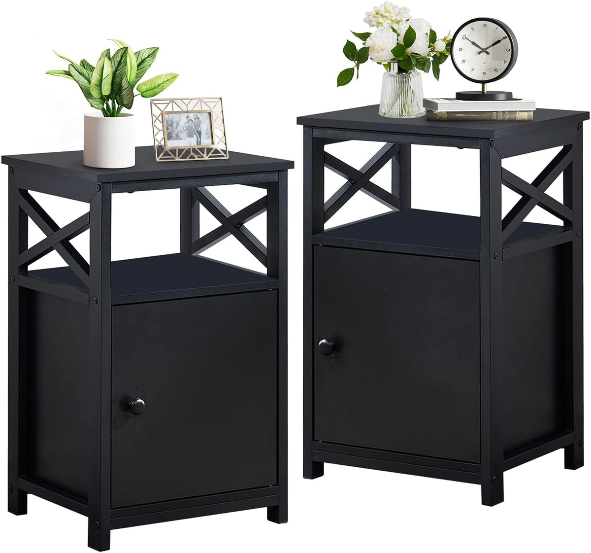 Antique Black Set of 2 End Side Table with Storage Cabinet B747