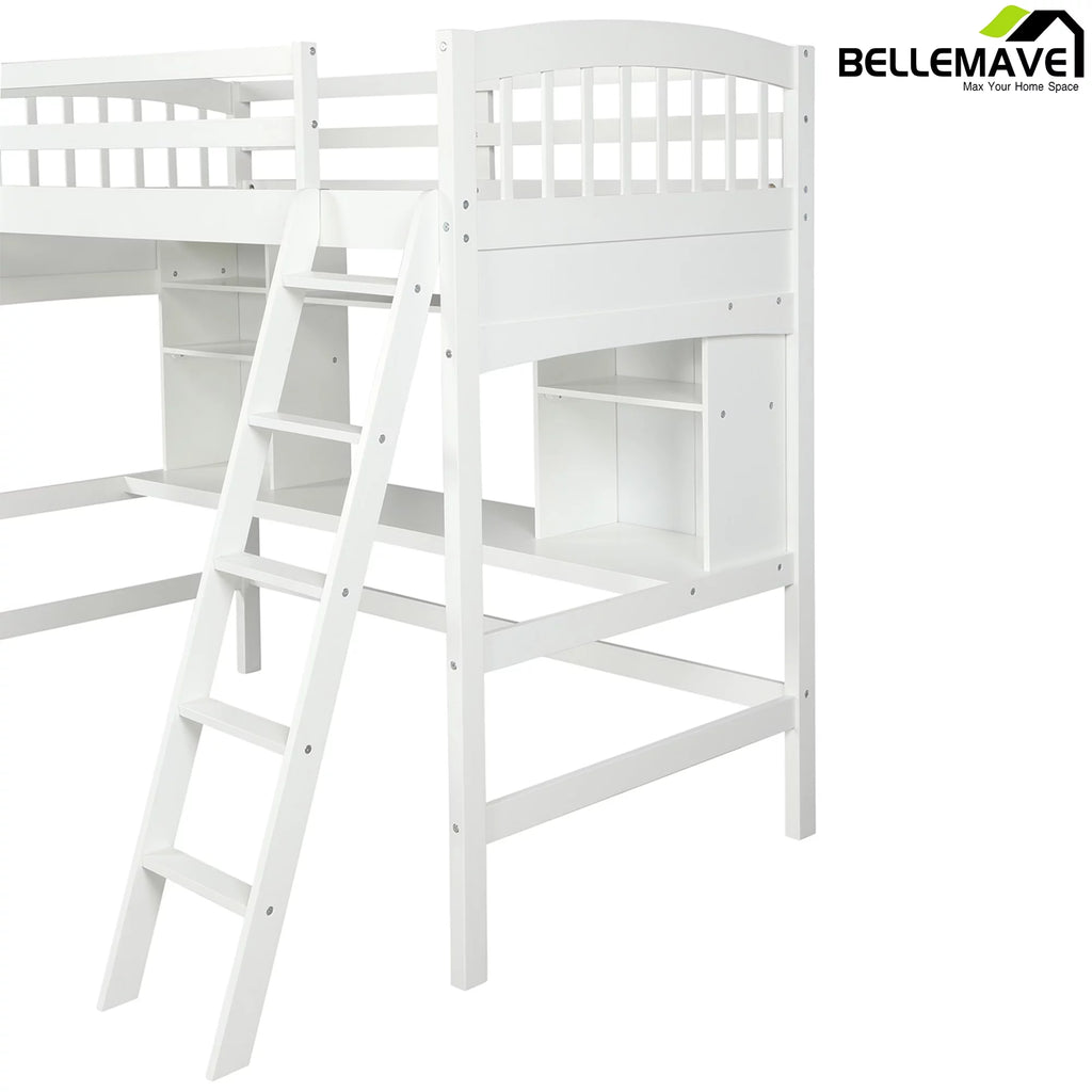 Twin Size High Loft Bed with Storage Shelves, Desk and Ladder Solid Wood Bed Frame with Safety Guardrails White P198