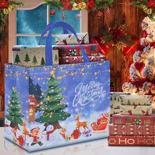 12 PCS Assorted Sizes Reusable Non-Woven Christmas Tote Bags with Handles I8416