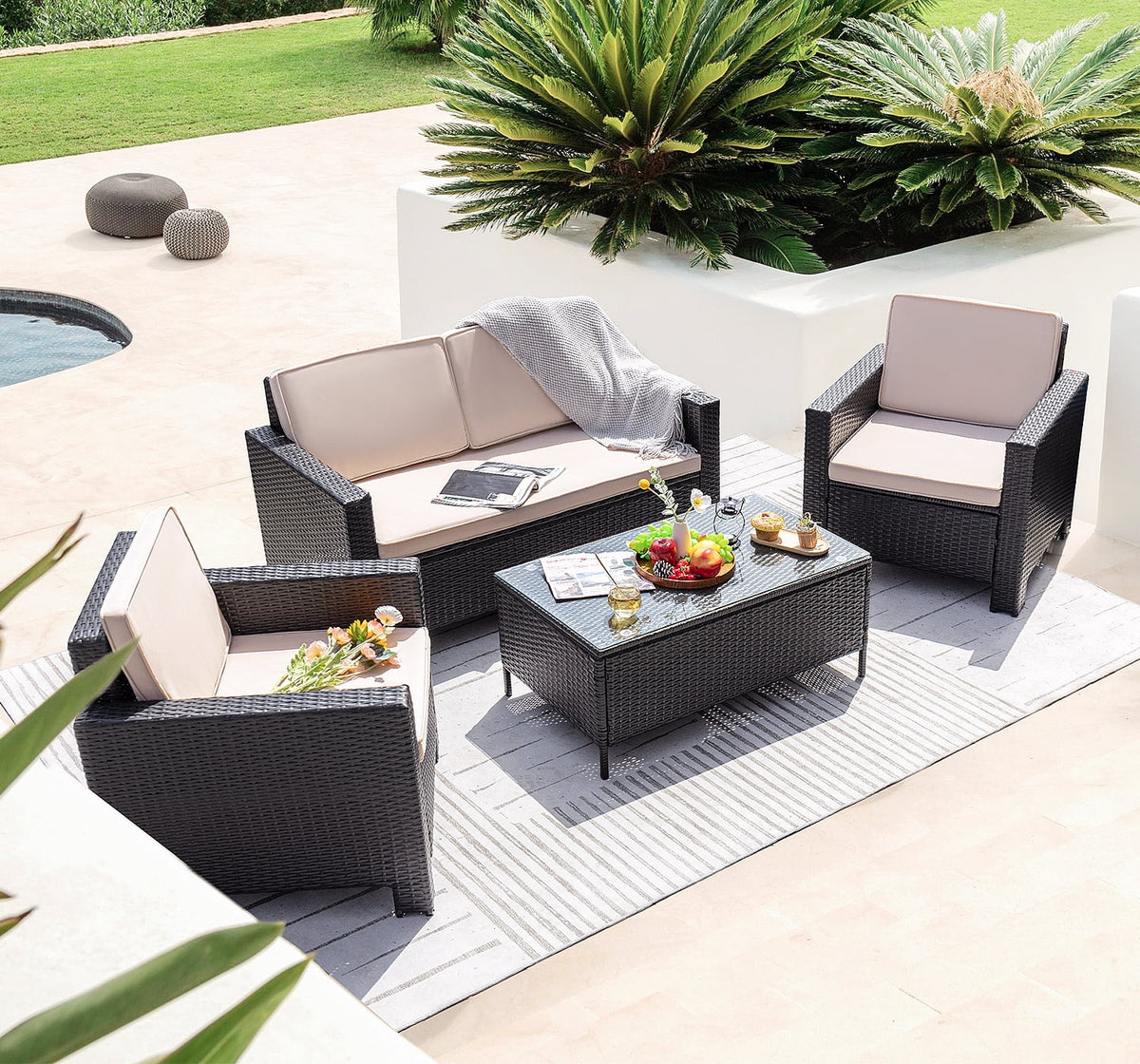 4 Pieces Rattan Wicker Patio Conversation Sofa Set G349