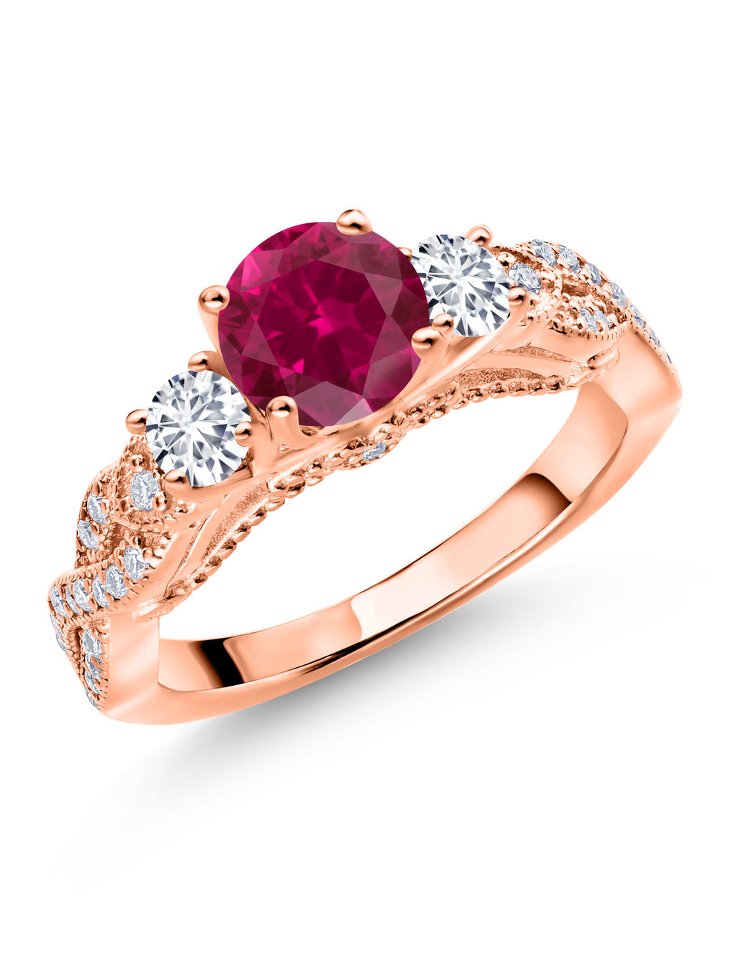 18K Rose Gold Plated Silver Red Created Ruby White Lab Grown Diamond and White Moissanite Engagement Ring V693266