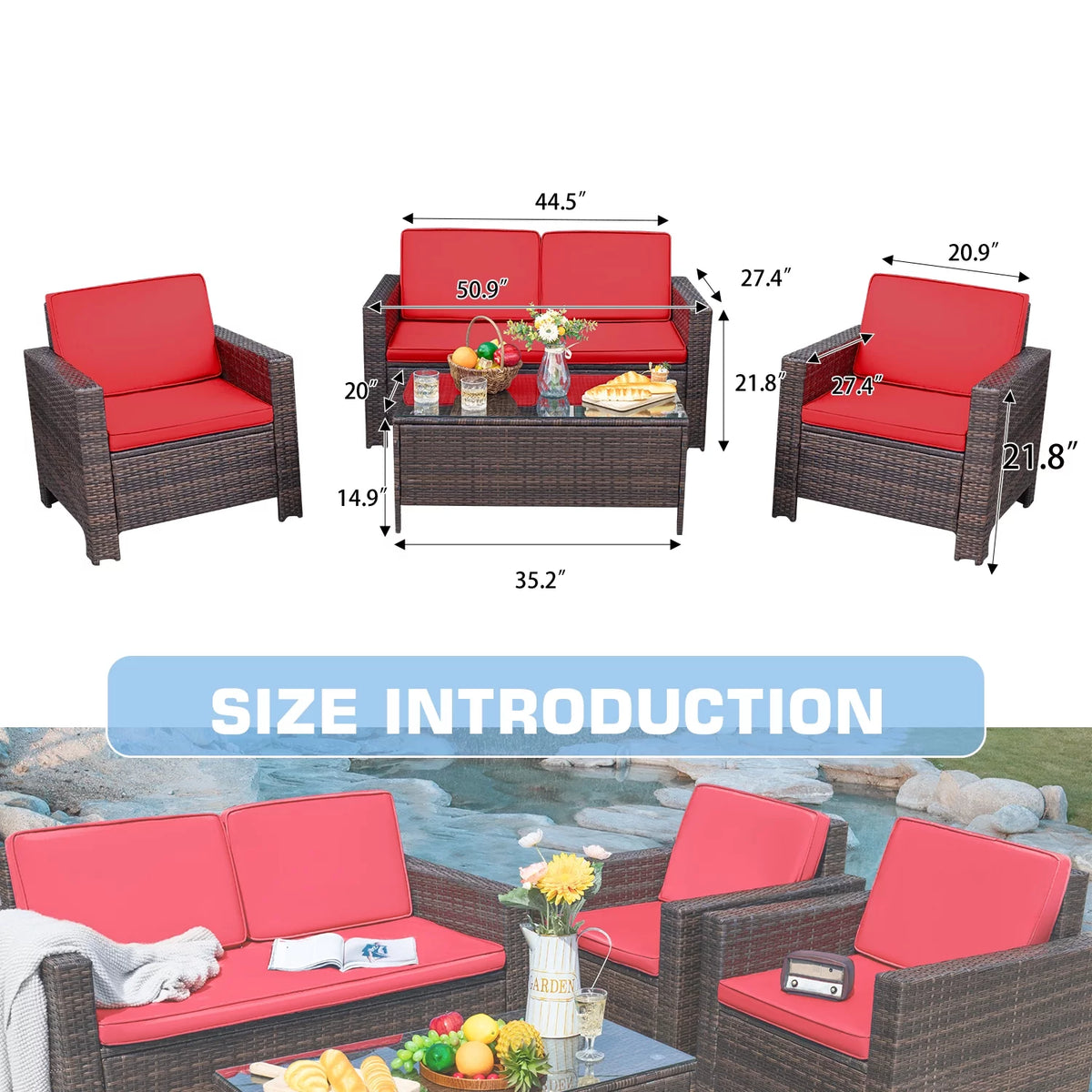 4 Pieces Rattan Wicker Patio Conversation Sofa Set G349