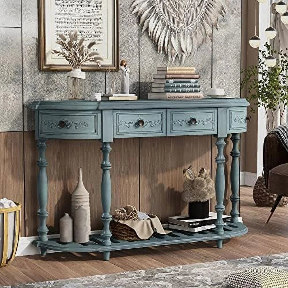 Curved Console Table with 4 Drawers Solid Wood Frame Black E713627