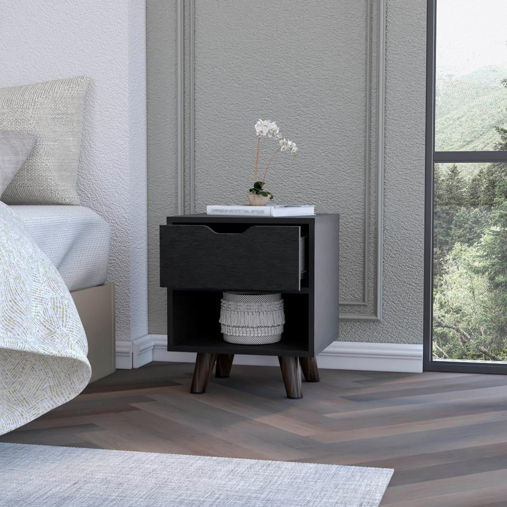 Black Nightstand with Drawer and Open Shelf V351