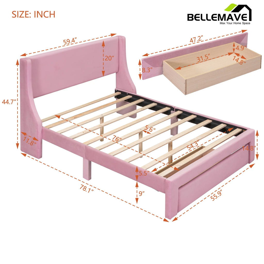 Full Size Pink Velvet Upholstered Platform Bed with Drawer A613