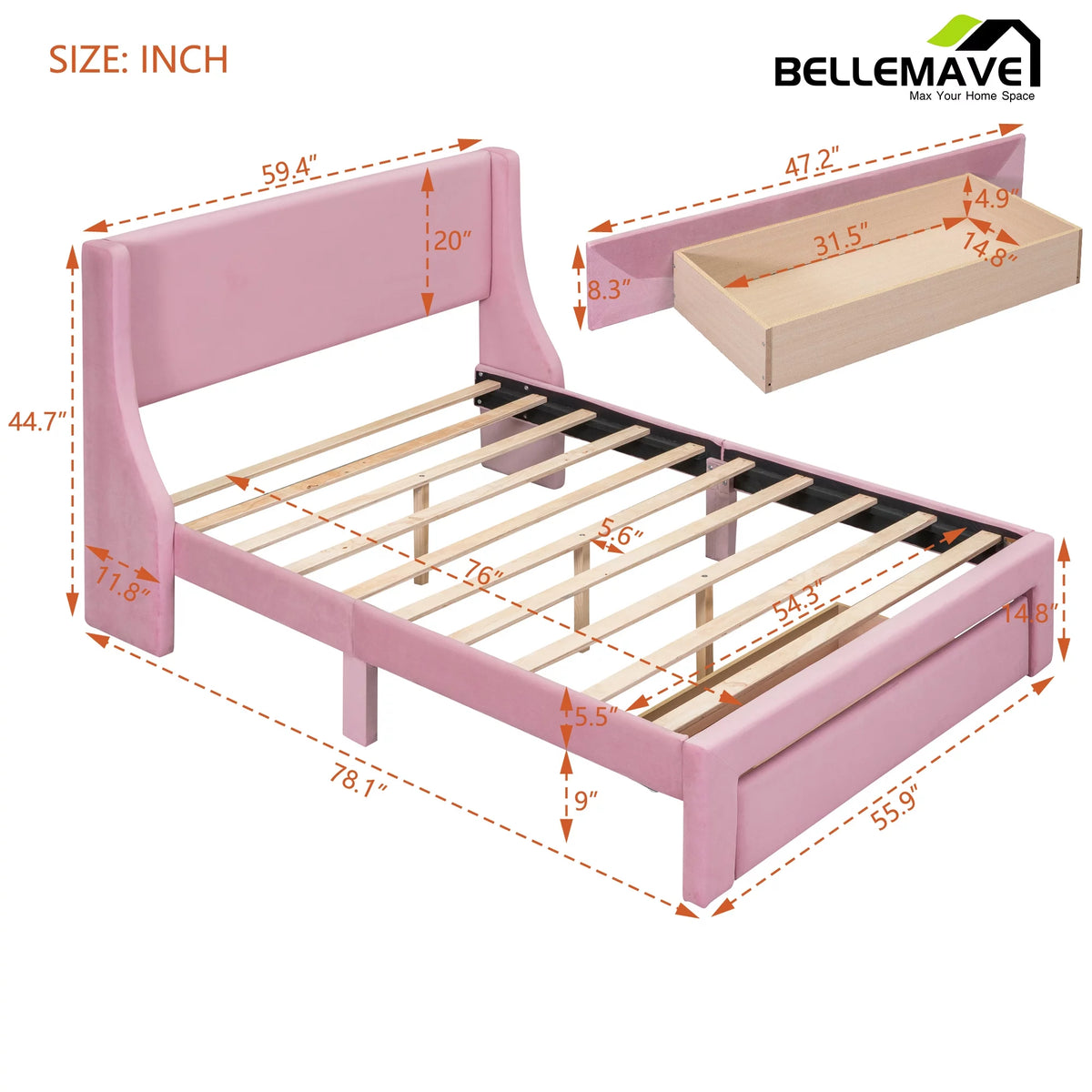 Full Size Pink Velvet Upholstered Platform Bed with Drawer A613