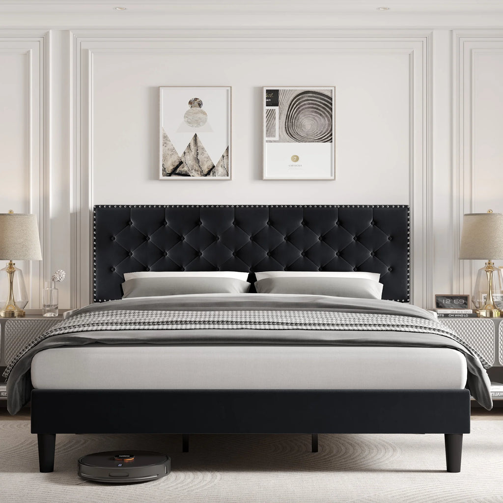 King Size Upholstered Platform Bed with Adjustable Headboard D588259