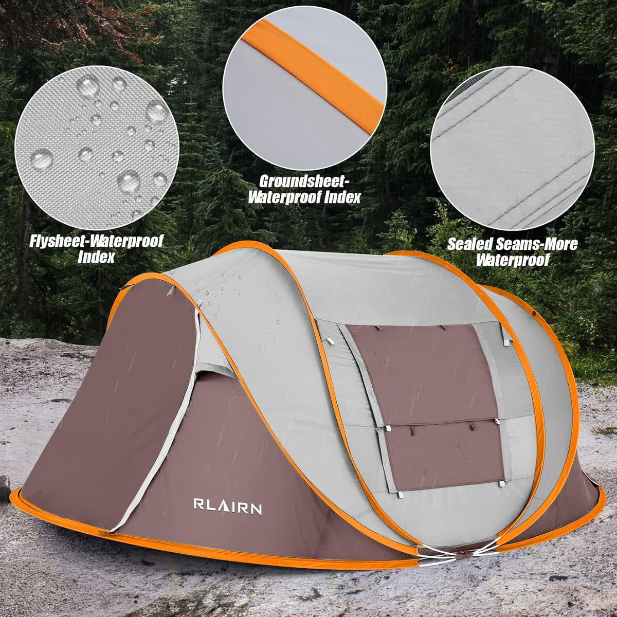 4 Person Pop Up Tent with 2 Mesh Windows & Doors Waterproof Brown H458