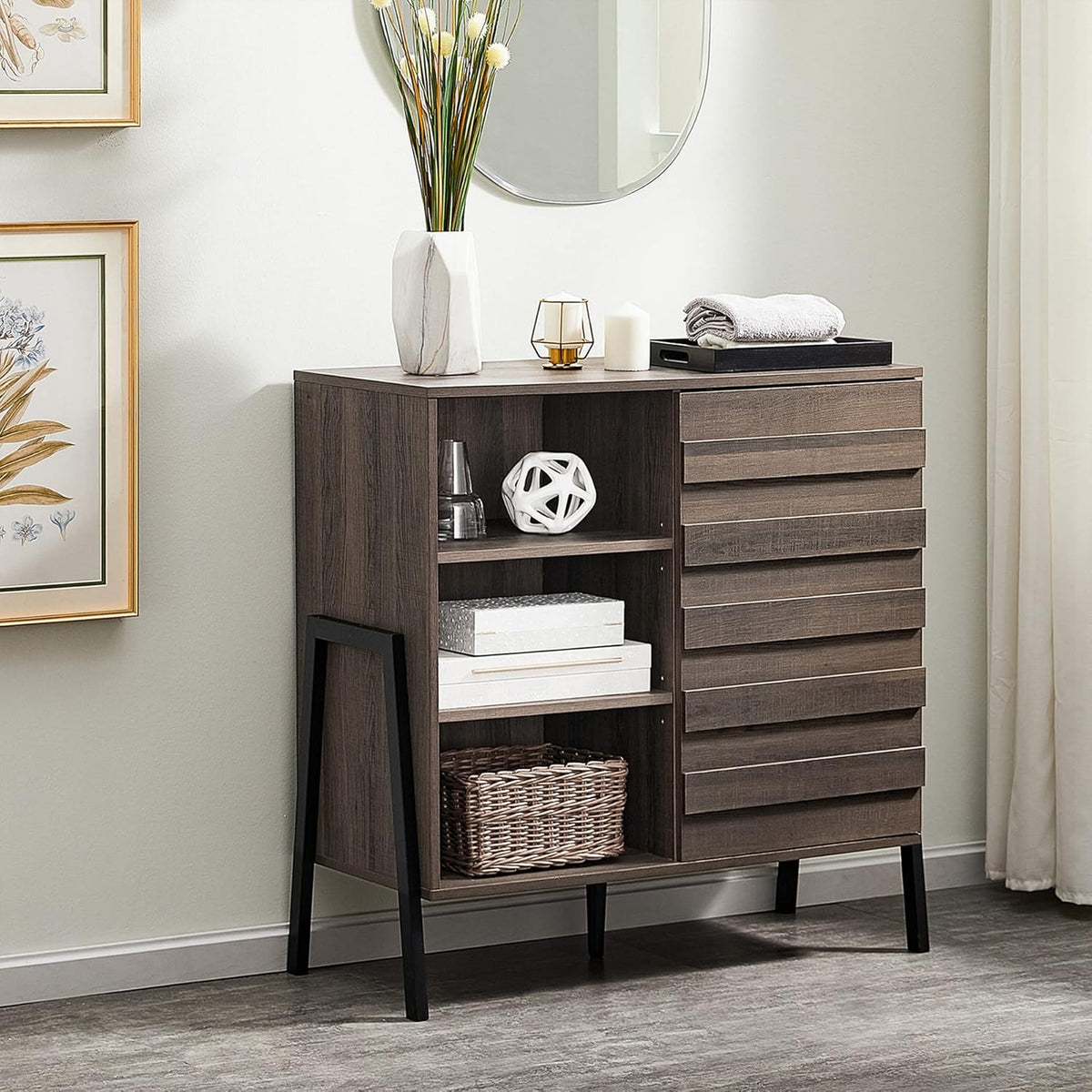Mid Century Storage Cabinet with Door, 35 Inch, Dark Brown T620