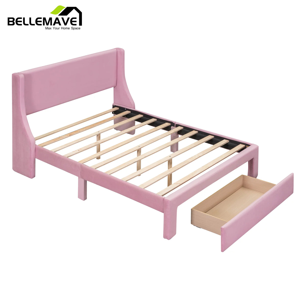 Full Size Pink Velvet Upholstered Platform Bed with Drawer A613