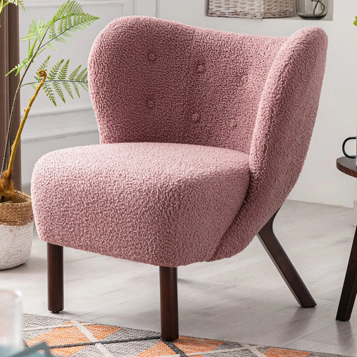 Modern Lambskin Tufted Accent Chair with Solid Wood Legs A37007