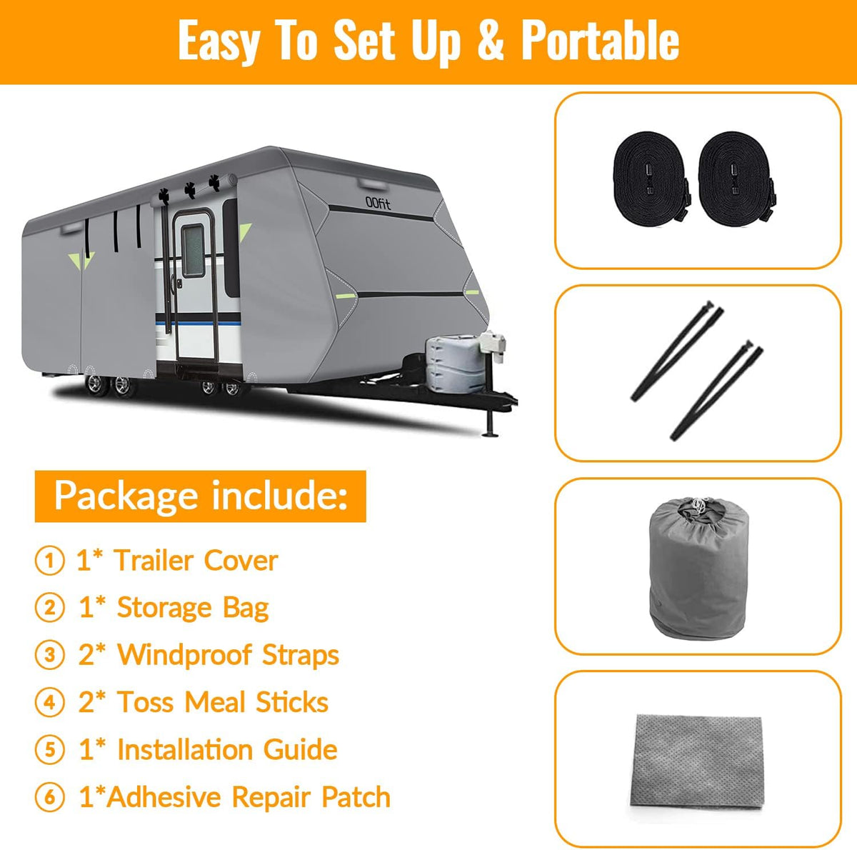 Upgraded Windproof 5 Layers Travel Trailer RV Cover with Adhesive Repair Patch E550780