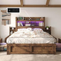 Queen Bed Frame with Bookcase Headboard, 4 Drawers, Charging Station, Rustic Brown B636