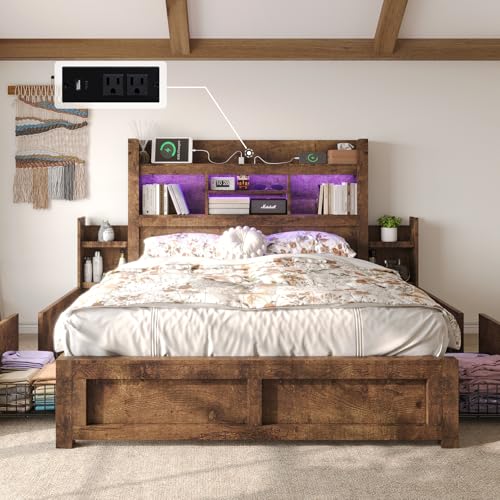 Queen Bed Frame with Bookcase Headboard, 4 Drawers, Charging Station, Rustic Brown B636