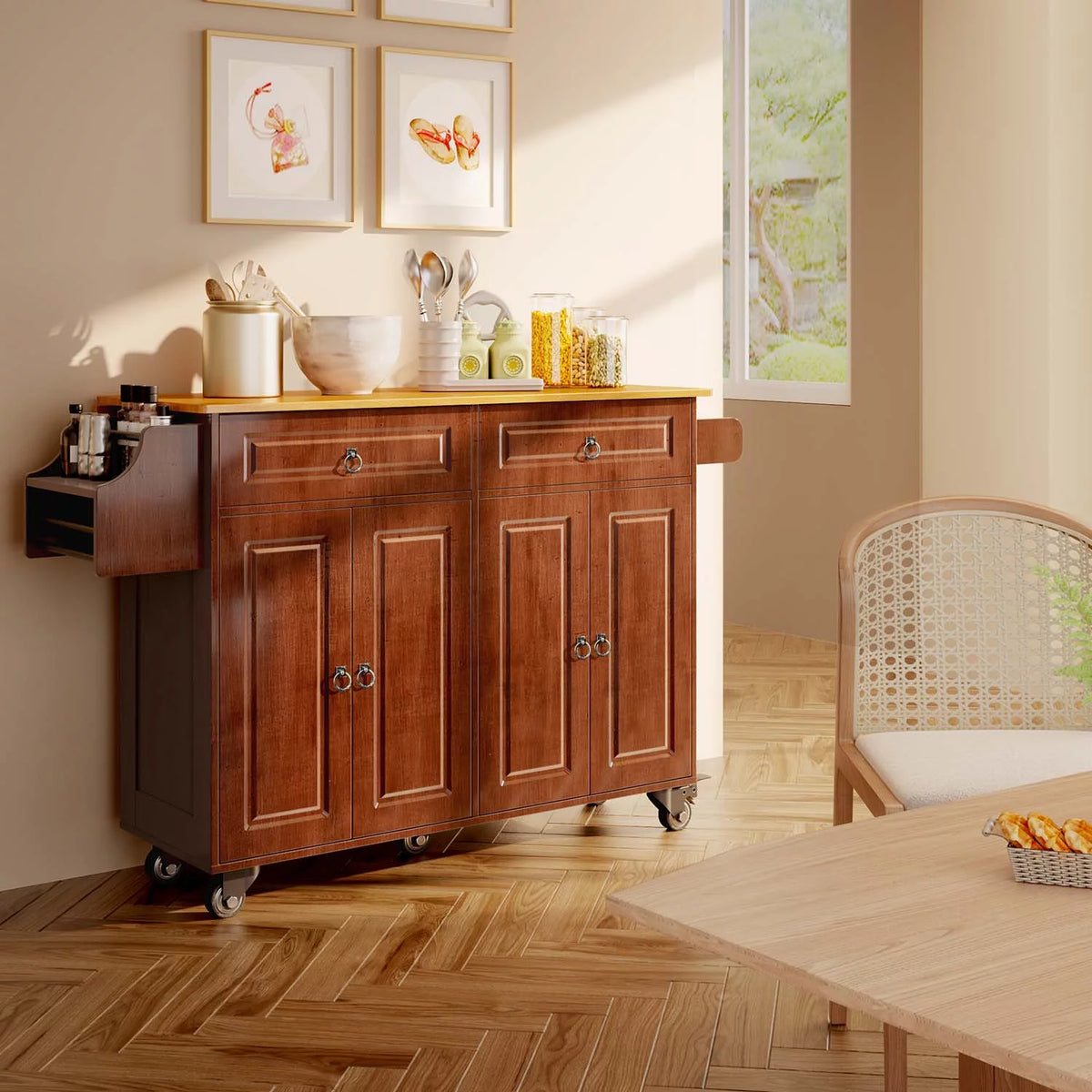 52" Kitchen Island Cart with Storage and Lockable Wheels V9514