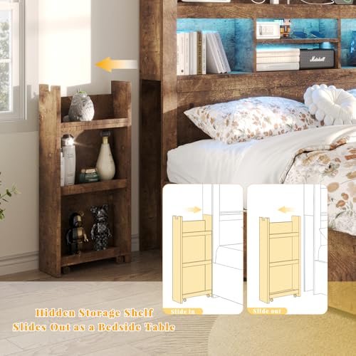 Queen Bed Frame with Bookcase Headboard, 4 Drawers, Charging Station, Rustic Brown B636