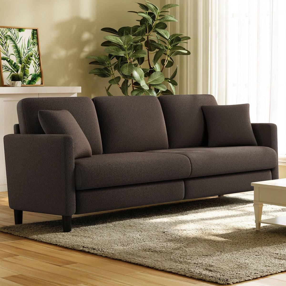 Beige White Teddy Fleece Loveseat Sofa with 2 Pillows K878146