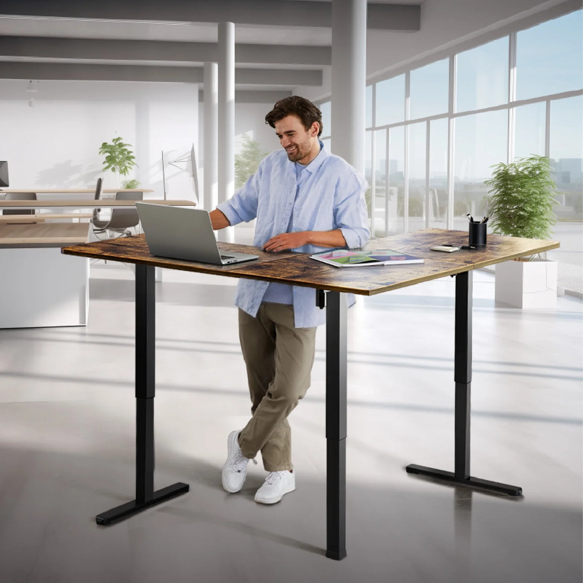 Vintage Brown L-Shaped Electric Standing Desk 63 inch Double Motor Height Adjustable Corner Desk A102972