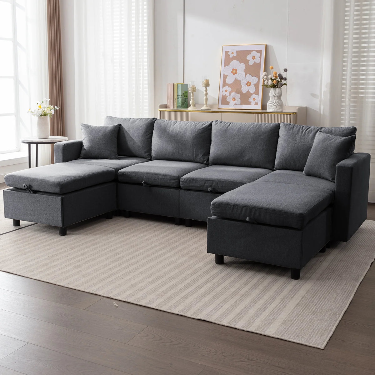 Dark Gray 6-Seater Modular Sectional Sofa with Storage Ottoman F8248