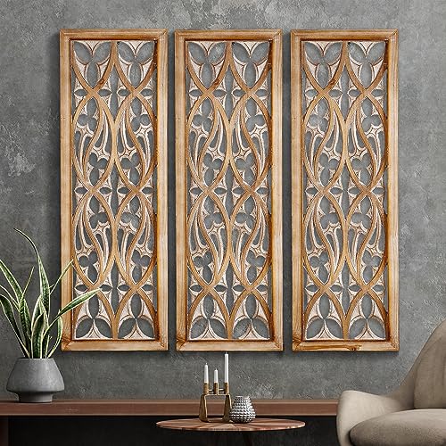 Carved Wood Wall Art Decor, Floral Design Panel, 33.1 x 14.6 inches (2 Panels) J4988