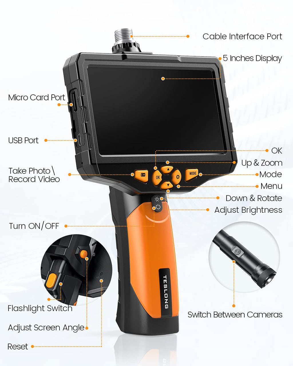 Dual Lens Inspection Camera with Light, 5 IPS Screen, 16.4ft Flexible Probe L982