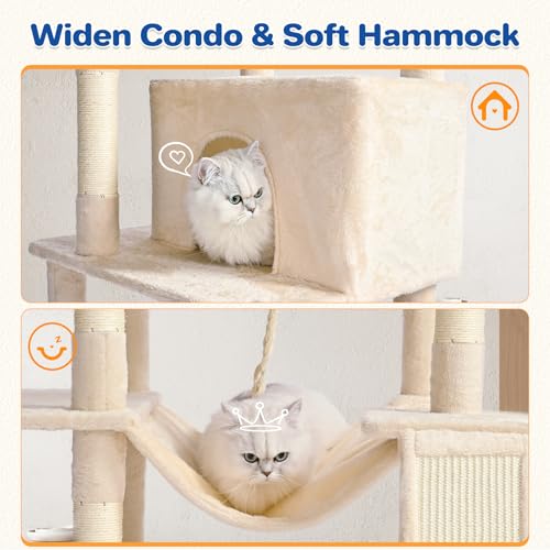 63in Multi-Level Cat Tree Tower with Sisal Scratching Posts, Condo, Hammock, Dangling Ball and Extended Platform, Dark Grey K3199