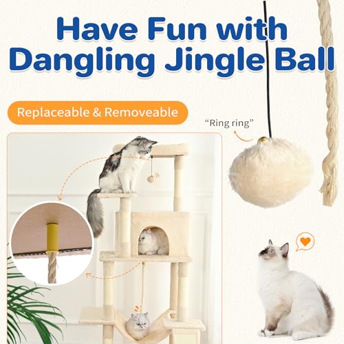63in Multi-Level Cat Tree Tower with Sisal Scratching Posts, Condo, Hammock, Dangling Ball and Extended Platform, Dark Grey K3199