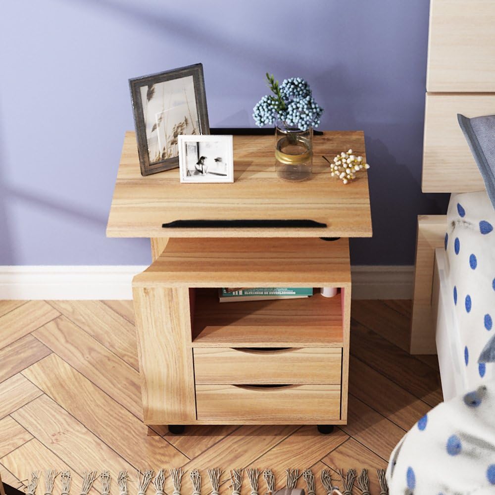Height Adjustable Movable Overbed Bedside Table with Storage, Oak U8718