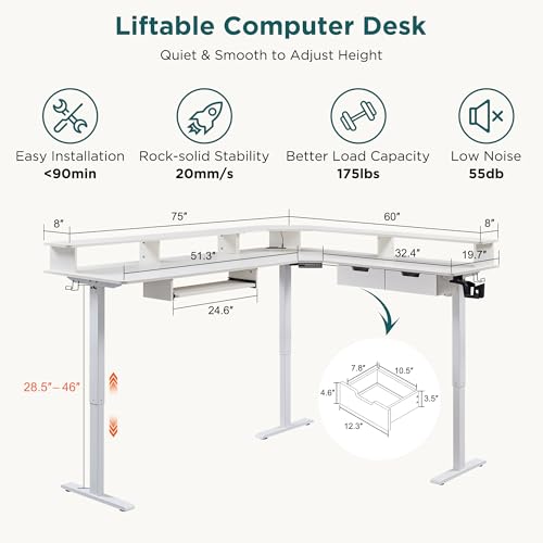 60 Inches L Shaped Electric Standing Desk with Drawers Y65166